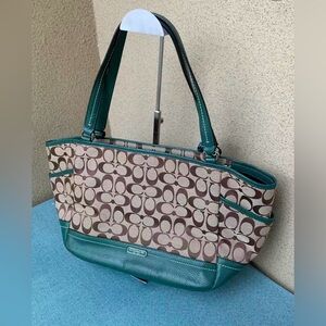Coach Signature Canvas Leather Trim Tote Shoulder Bag‎ Brown Green Handbag